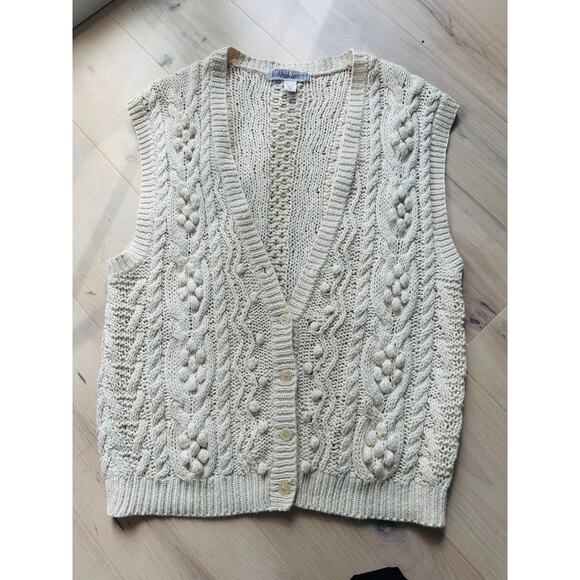VTG Cableknit Sweater Vest Cream Size Medium Classic Fisherman Knit Fall Staple - Picture 2 of 7